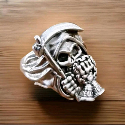 Handmade Sterling Silver Grim Reaper Scythe Ring: Gothic Skull Jewelry