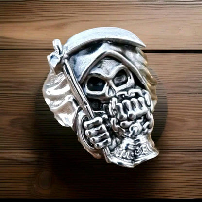 Handmade Sterling Silver Grim Reaper Scythe Ring: Gothic Skull Jewelry