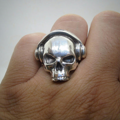 Sterling Silver DJ Skull Ring with Headphones