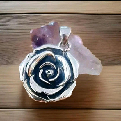 Sterling Silver large Rose Pendant - Handmade Floral Necklace