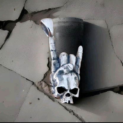 Sterling Silver Gesture Rock On Skull Pendant: Punk Gothic Jewelry  ROCKIN' HEAD PENDANT