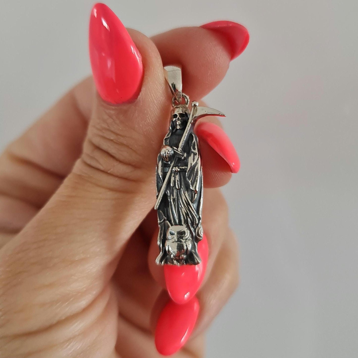 925 Silver Santa Muerte Scythe Necklace: Gothic Grim Reaper Pendant