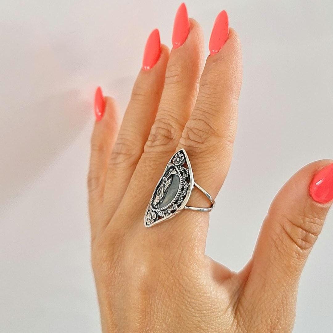 Santa Muerte Ring 925 Sterling Silver -Saint Death Ring with flowers & Scythe