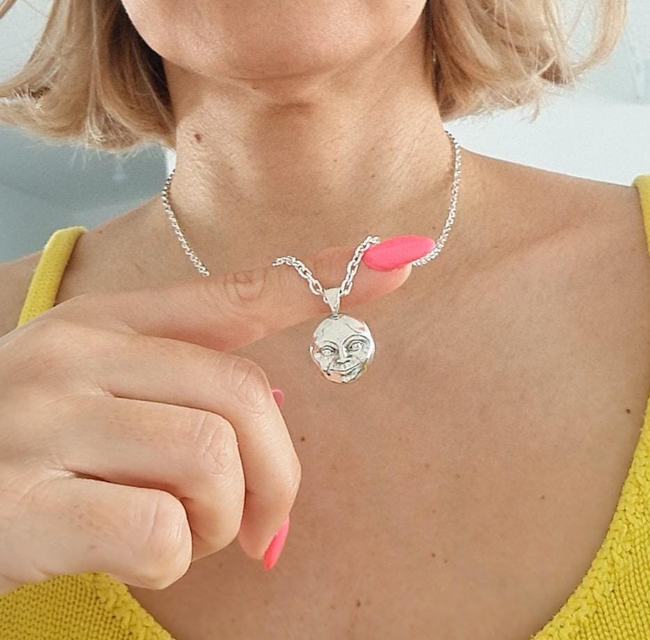 Crescent full Moon Face  Pendant in  925 Sterling Silver - Unique Handcrafted  solid