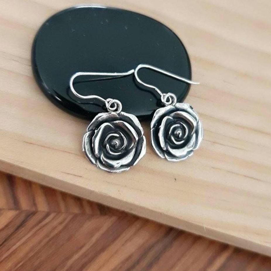 Sterling Silver Rose Dangle Earrings: Handmade Blossom Jewelry