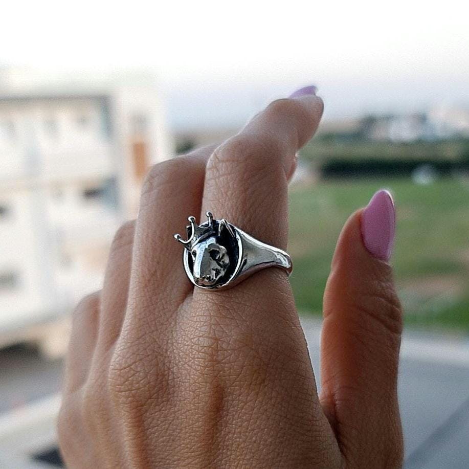 Sterling Silver Bull Terrier Ring with Crown: Handmade Dog Lover Jewelry
