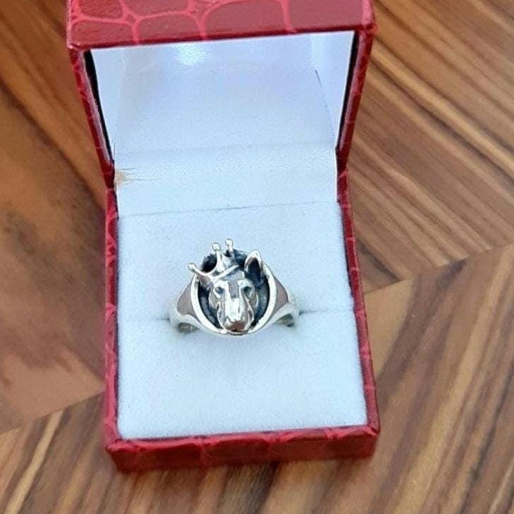 Sterling Silver Bull Terrier Ring with Crown: Handmade Dog Lover Jewelry