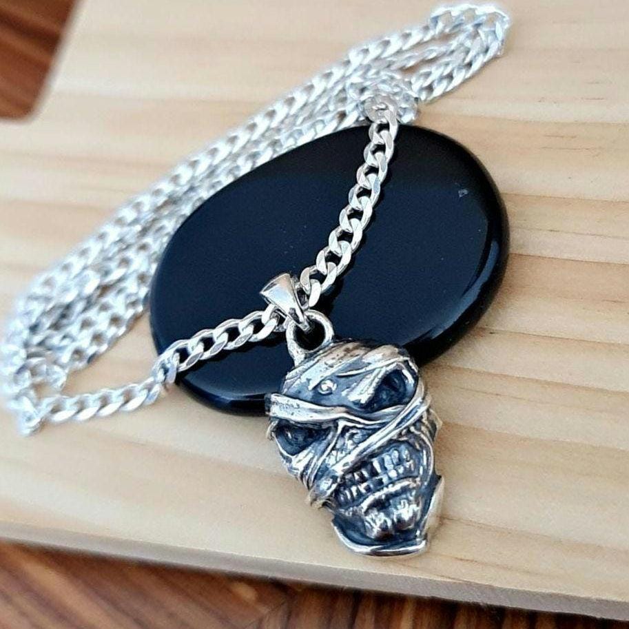 Handmade Sterling Silver Mummy Skull Pendant: Rocker Jewelry