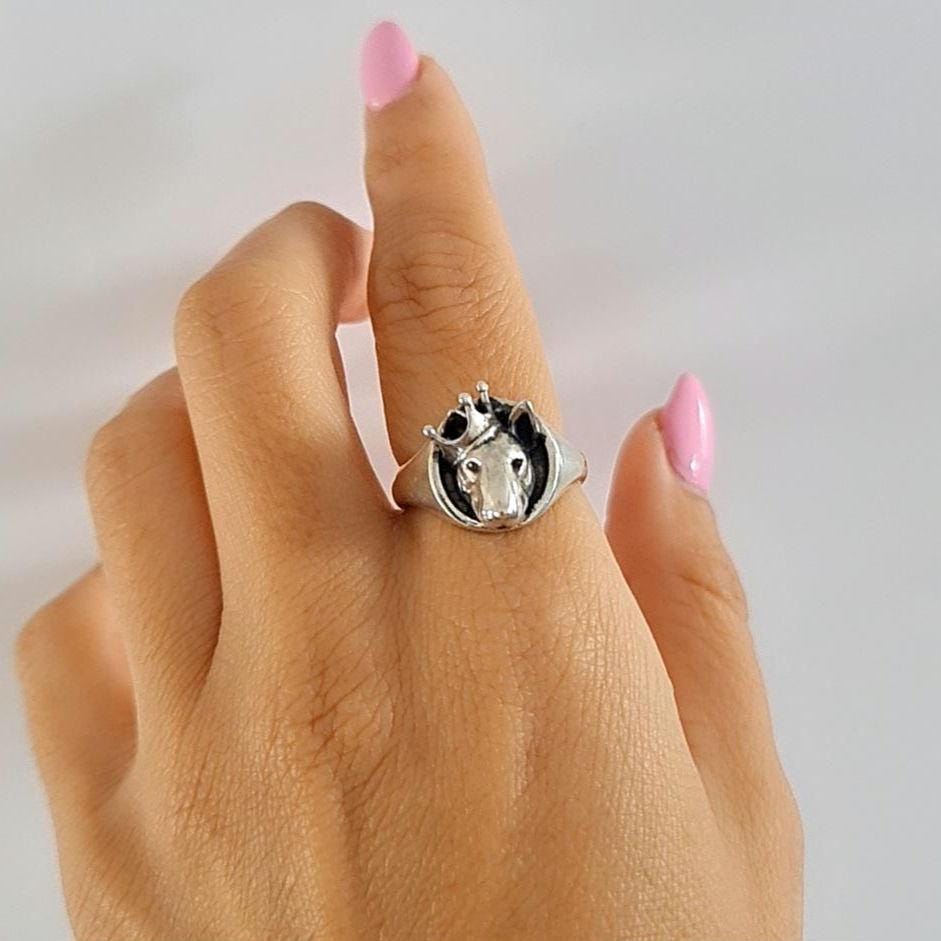 Sterling Silver Bull Terrier Ring with Crown: Handmade Dog Lover Jewelry