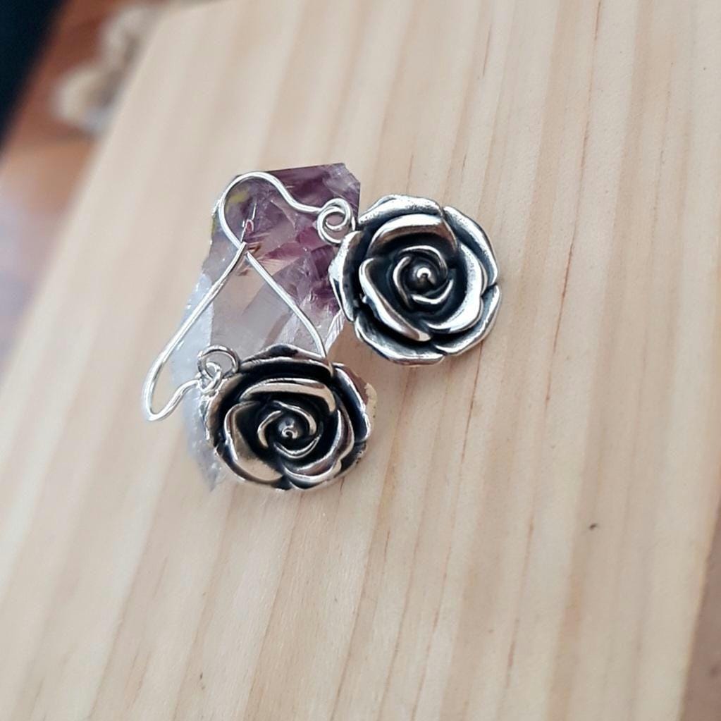 Sterling Silver Rose Dangle Earrings: Handmade Blossom Jewelry