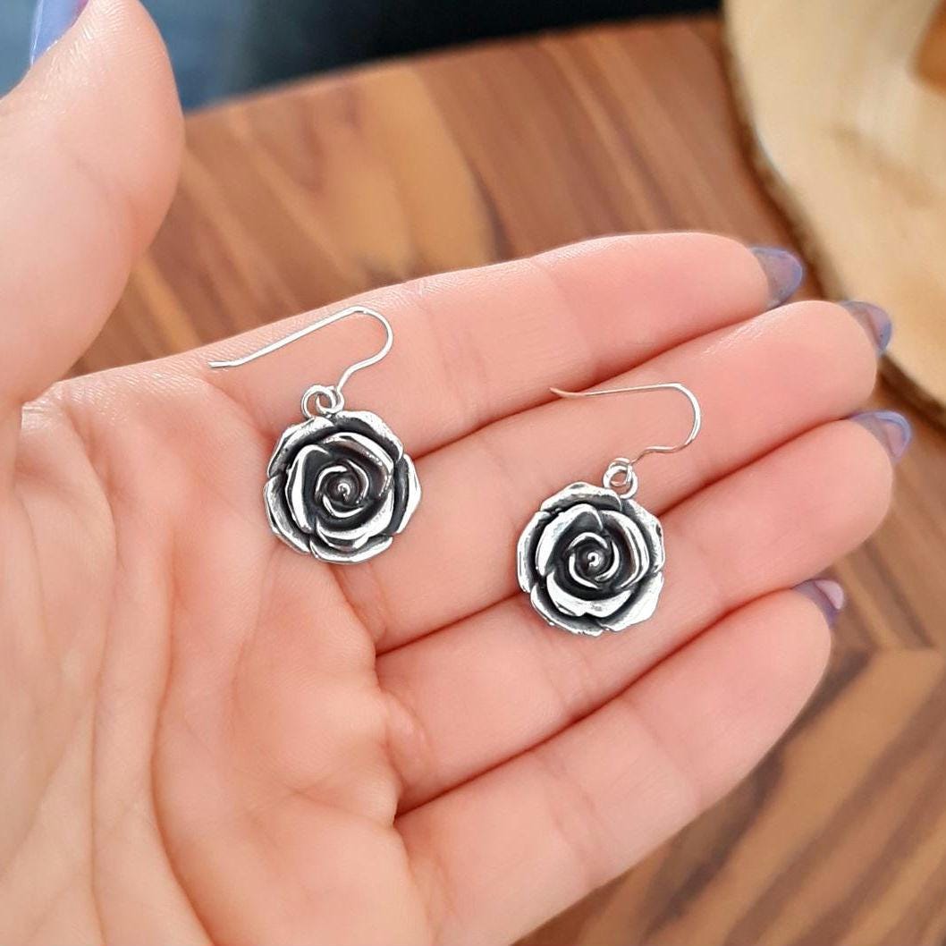 Sterling Silver Rose Dangle Earrings: Handmade Blossom Jewelry