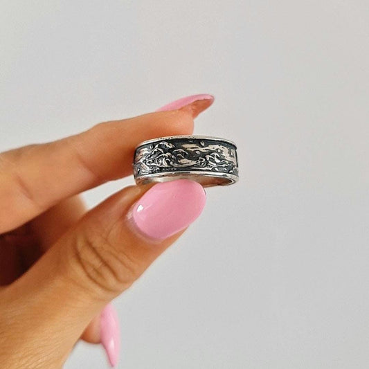 Oxidized Sterling Silver Japanese Wave Ring: Handmade Gothic Jewelry