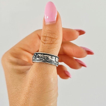 Oxidized Sterling Silver Japanese Wave Ring: Handmade Gothic Jewelry