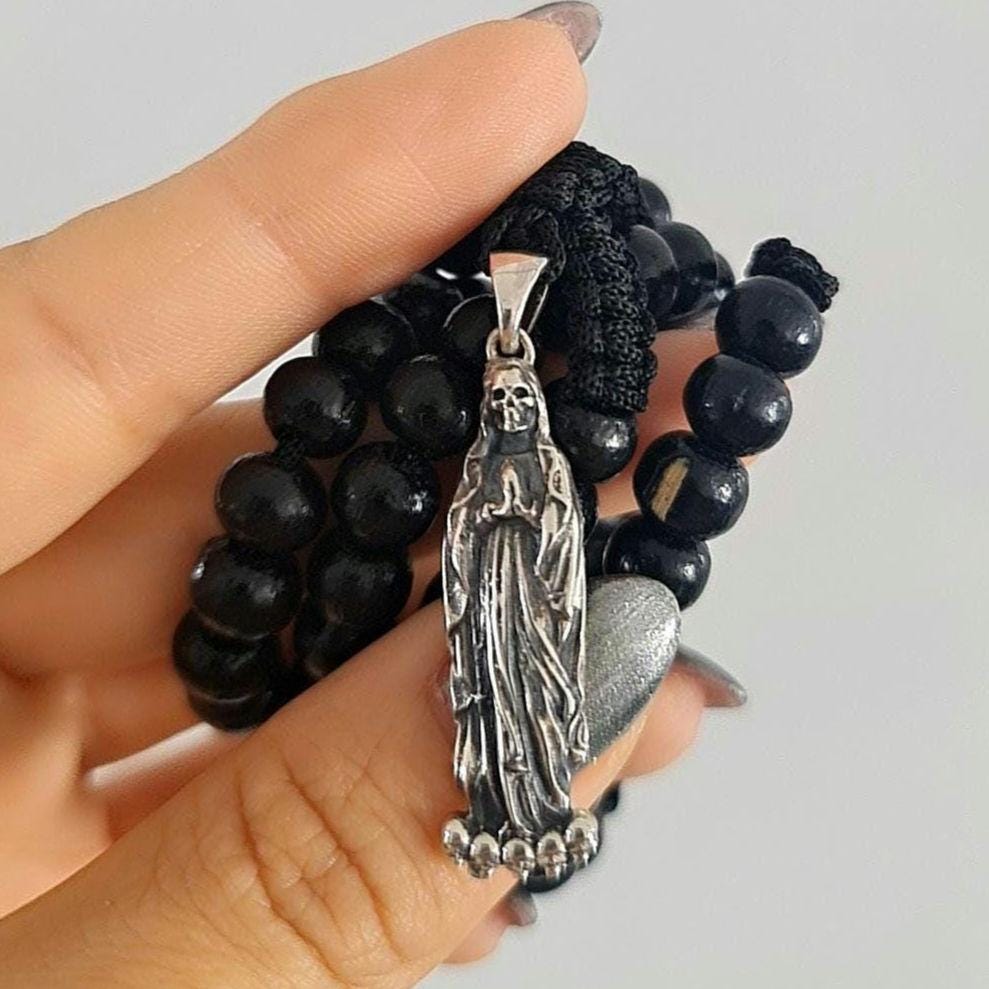 Silver Santa Muerte Rosary Necklace: Gothic Grim Reaper Immaculate detail