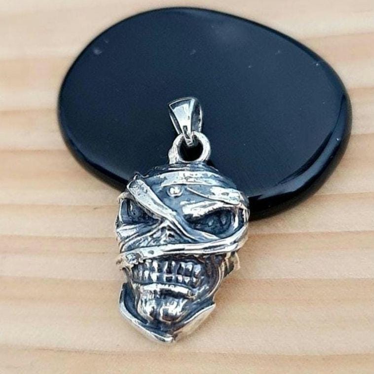 Handmade Sterling Silver Mummy Skull Pendant: Rocker Jewelry