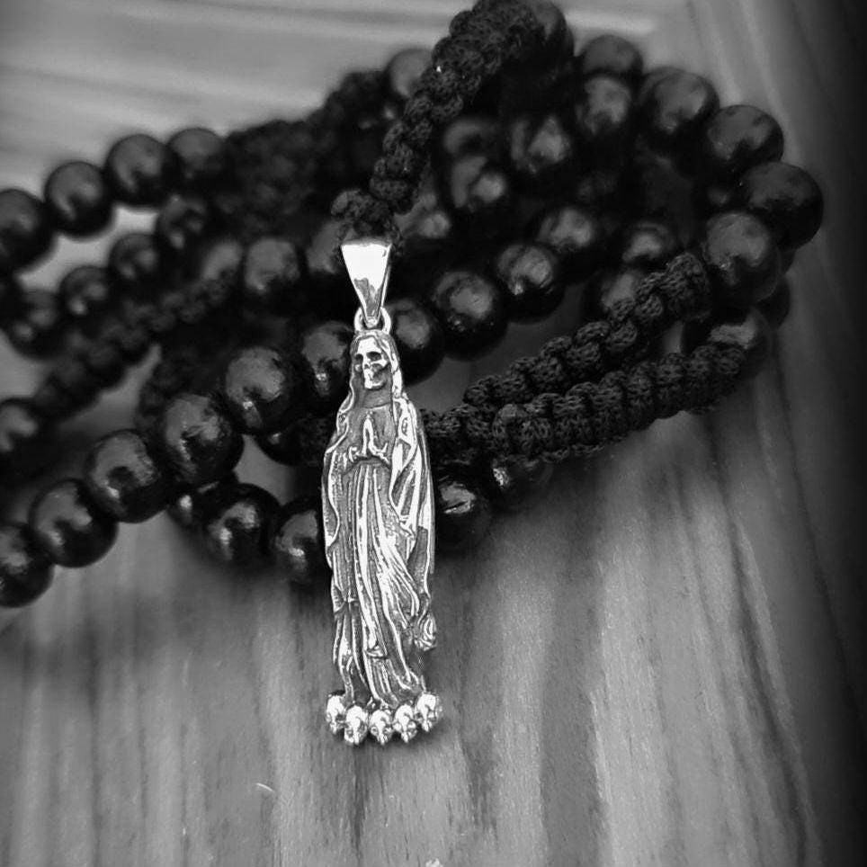 Silver Santa Muerte Rosary Necklace: Gothic Grim Reaper Immaculate detail