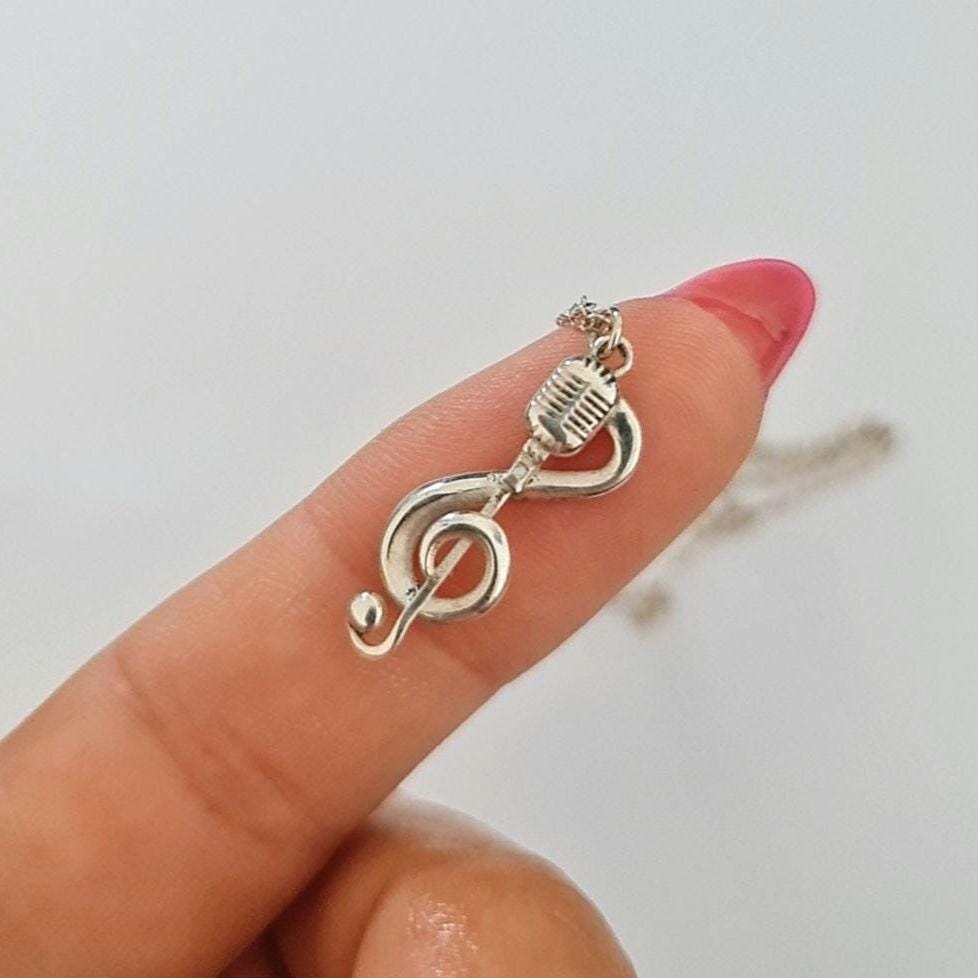 Delicate Music Note with a Microphone Necklace -925 Sterling Silver Handcrafted - 45 CM Chain