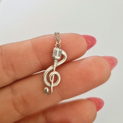 Delicate Music Note with a Microphone Necklace -925 Sterling Silver Handcrafted - 45 CM Chain