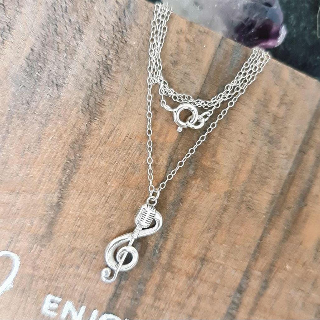 Delicate Music Note with a Microphone Necklace -925 Sterling Silver Handcrafted - 45 CM Chain