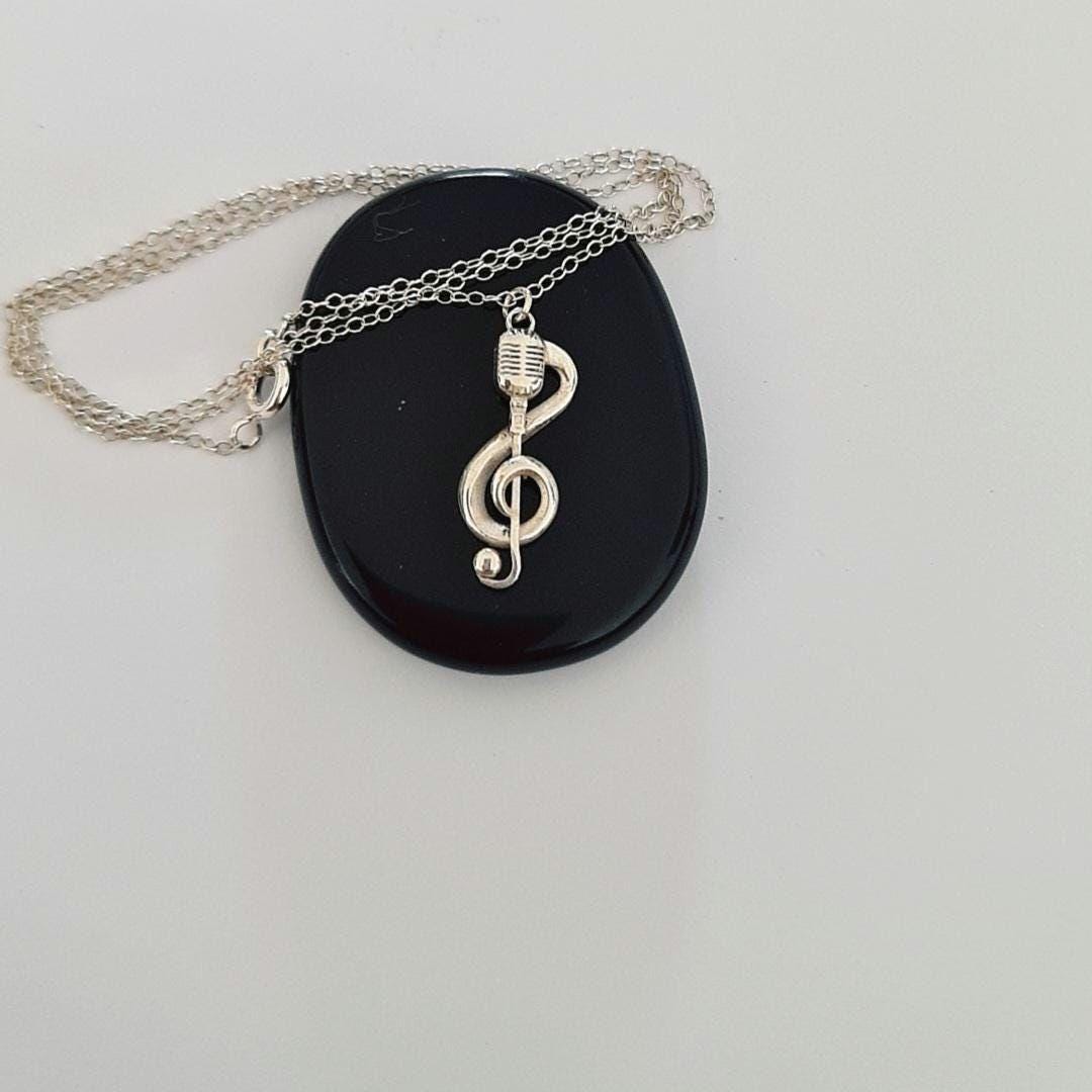 Delicate Music Note with a Microphone Necklace -925 Sterling Silver Handcrafted - 45 CM Chain