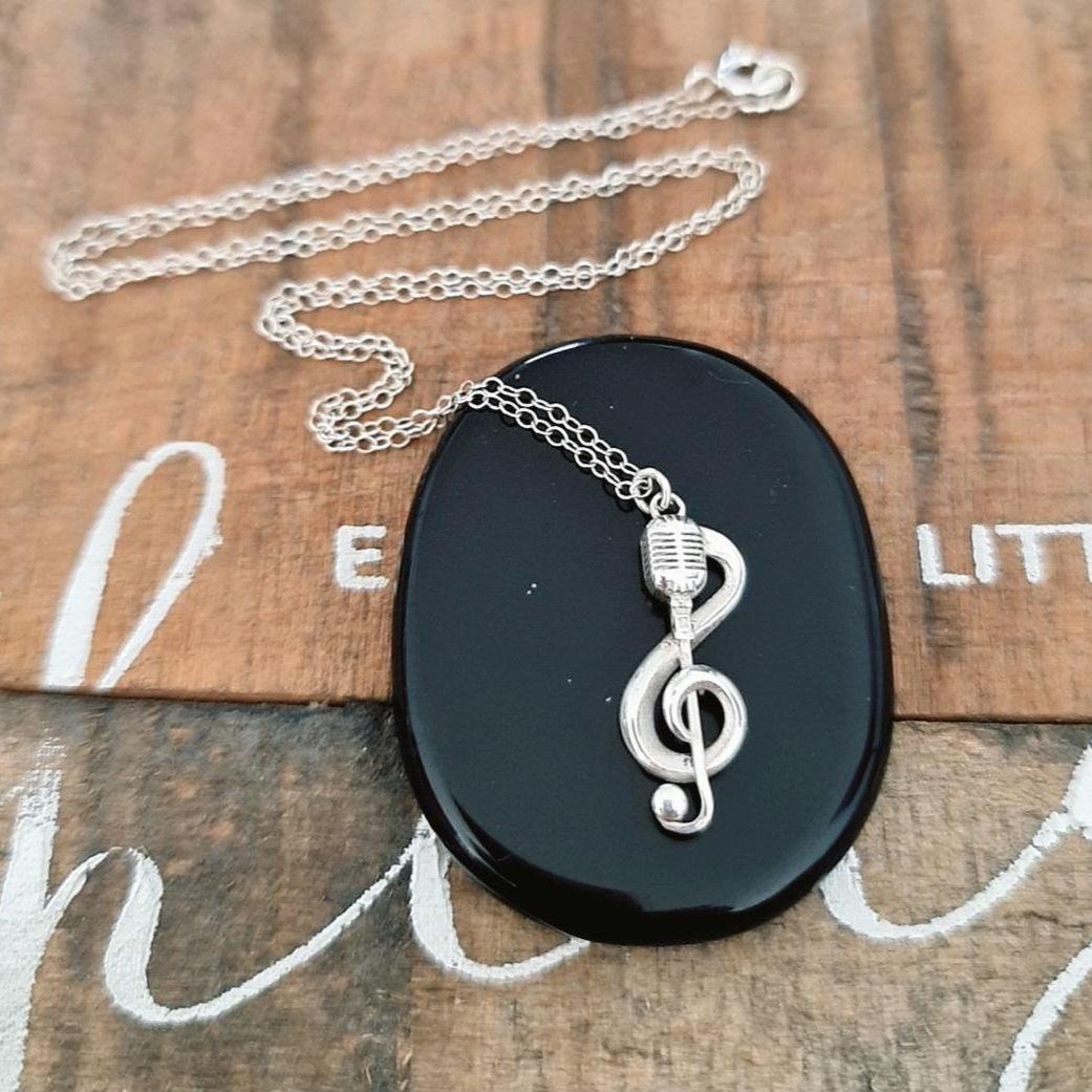 Delicate Music Note with a Microphone Necklace -925 Sterling Silver Handcrafted - 45 CM Chain