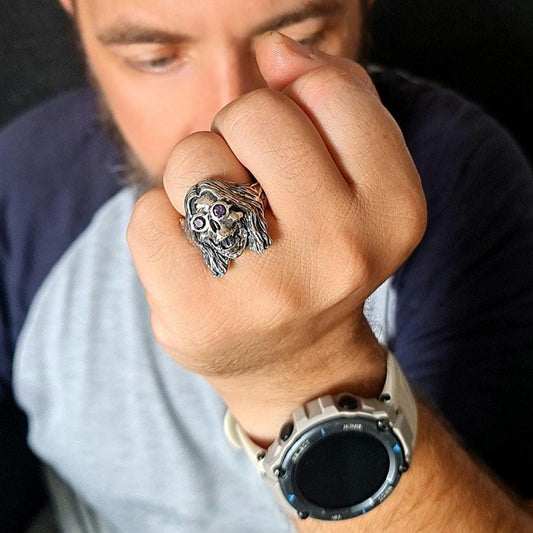 Sterling Silver "Prince of Darkness" Skull Ring Amethyst Sunglasses, Bat Wing Band -