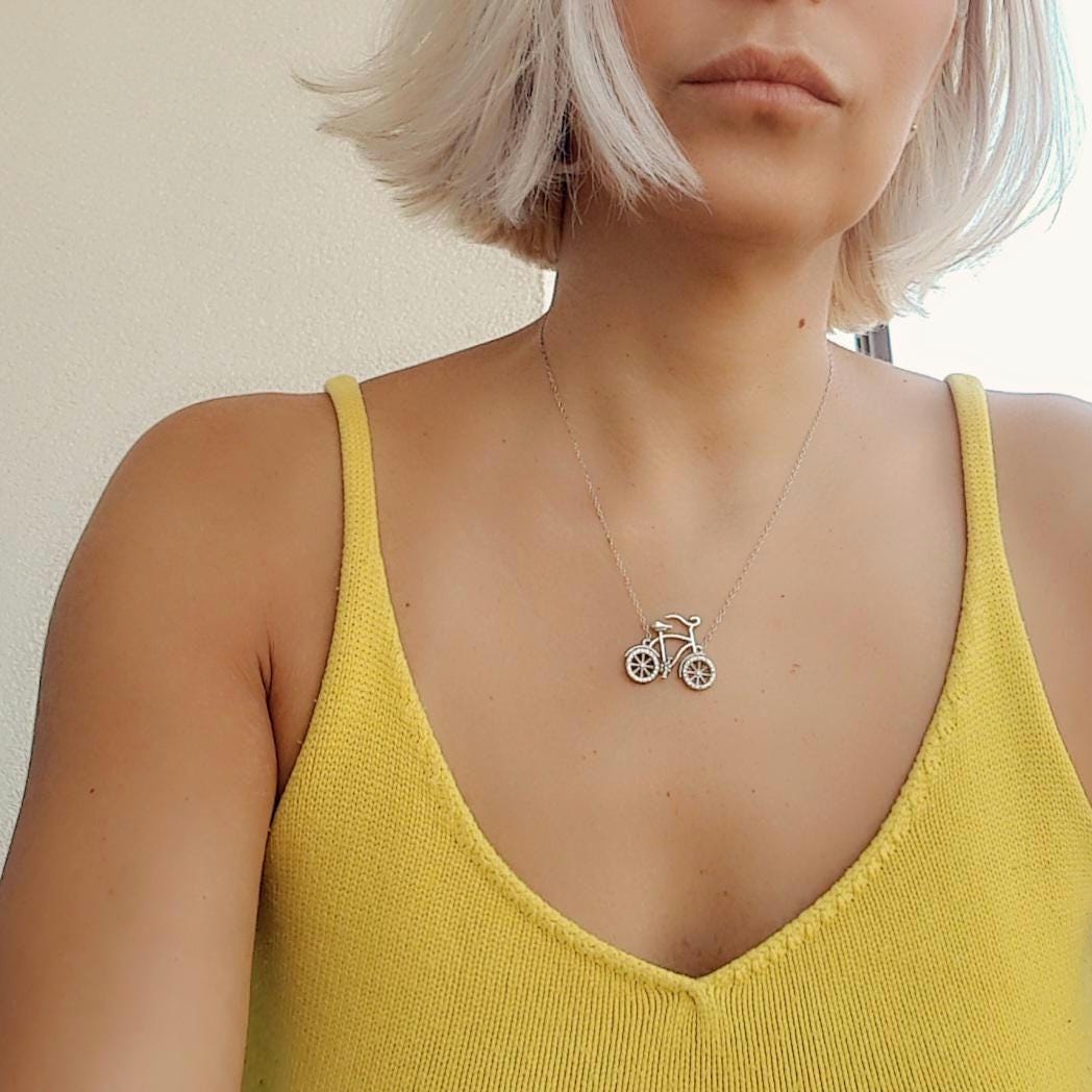 Sterling Silver Bicycle Necklace: Zircon Wheels, Cycling Charm