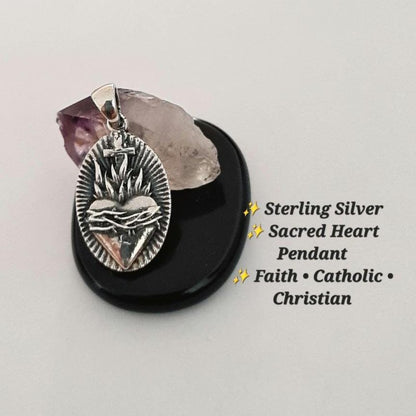 Sterling Silver Sacred Heart Pendant with Flames and Cross – Catholic Christian Necklace