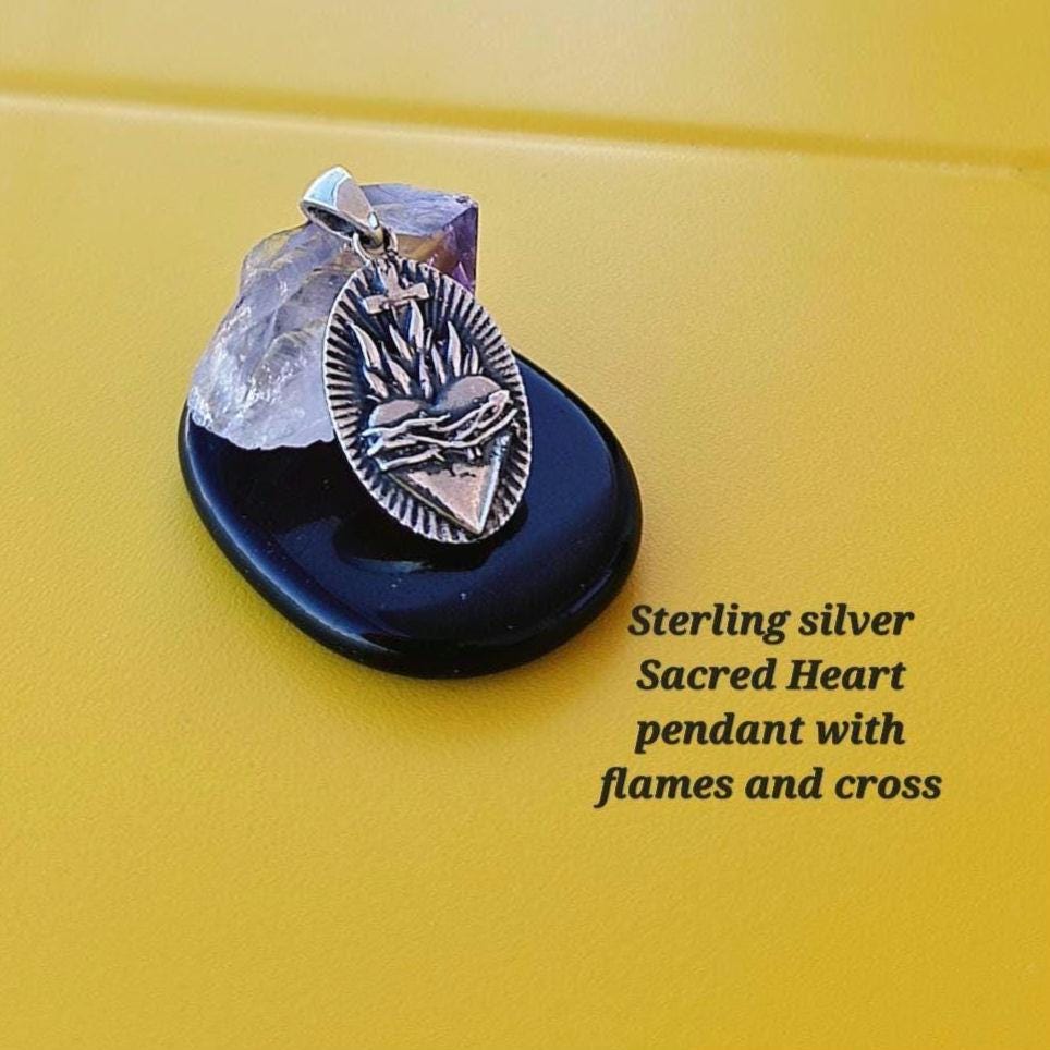 Sterling Silver Sacred Heart Pendant with Flames and Cross – Catholic Christian Necklace
