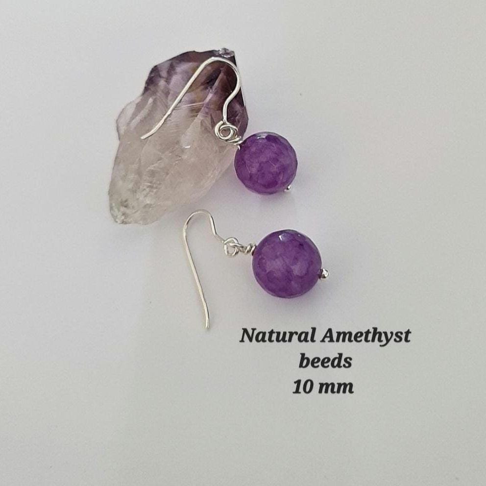 Natural Amethyst Earrings 10mm – Sterling Silver Dangle Drop Earrings – Handmade Gemstone Jewelry – February Birthstone