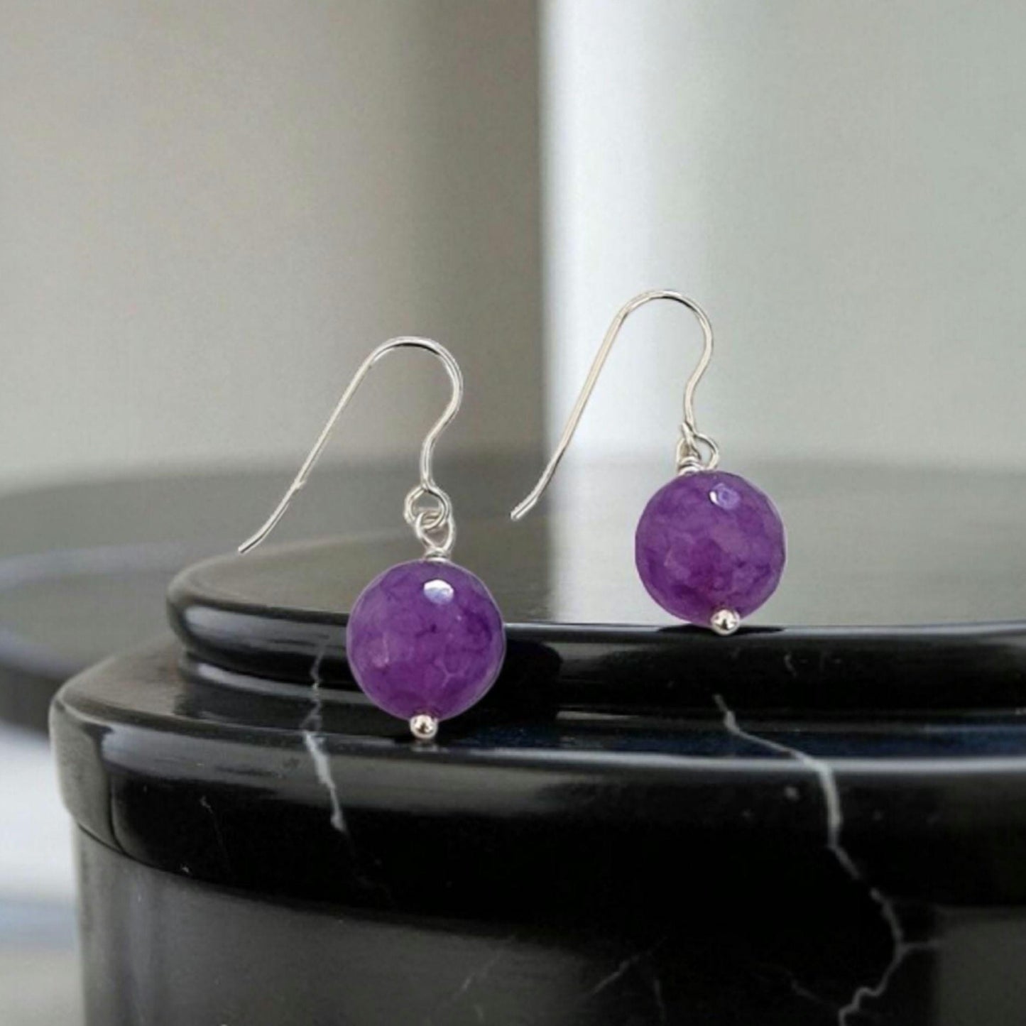 Natural Amethyst Earrings 10mm – Sterling Silver Dangle Drop Earrings – Handmade Gemstone Jewelry – February Birthstone