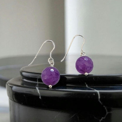 Natural Amethyst Earrings 10mm – Sterling Silver Dangle Drop Earrings – Handmade Gemstone Jewelry – February Birthstone