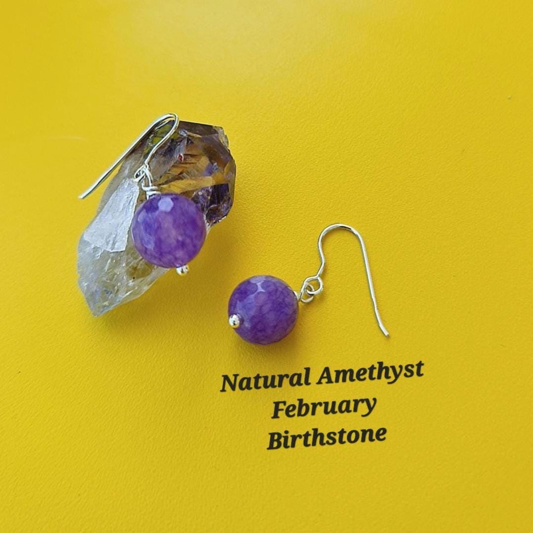 Natural Amethyst Earrings 10mm – Sterling Silver Dangle Drop Earrings – Handmade Gemstone Jewelry – February Birthstone