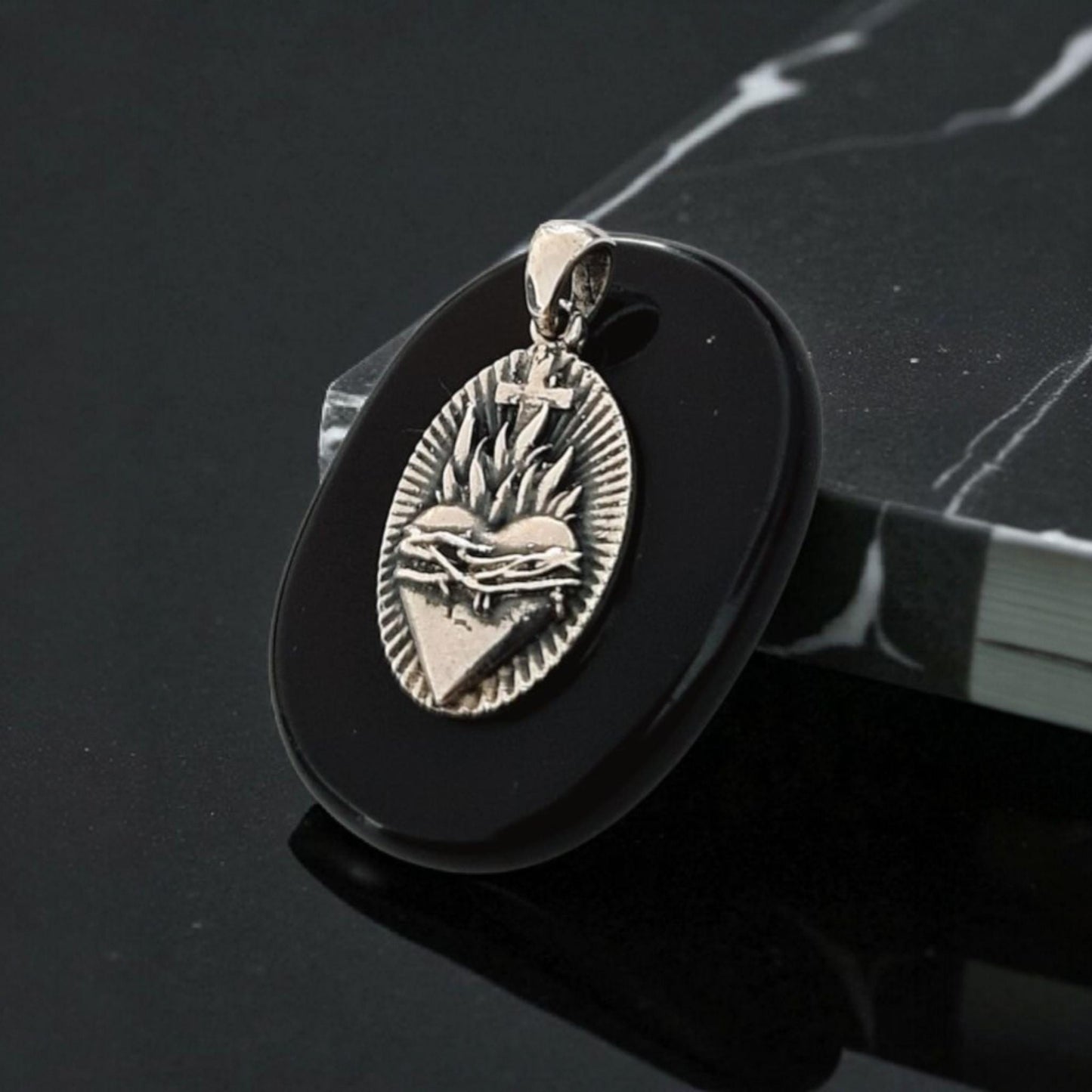 Sterling Silver Sacred Heart Pendant with Flames and Cross – Catholic Christian Necklace