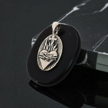 Sterling Silver Sacred Heart Pendant with Flames and Cross – Catholic Christian Necklace