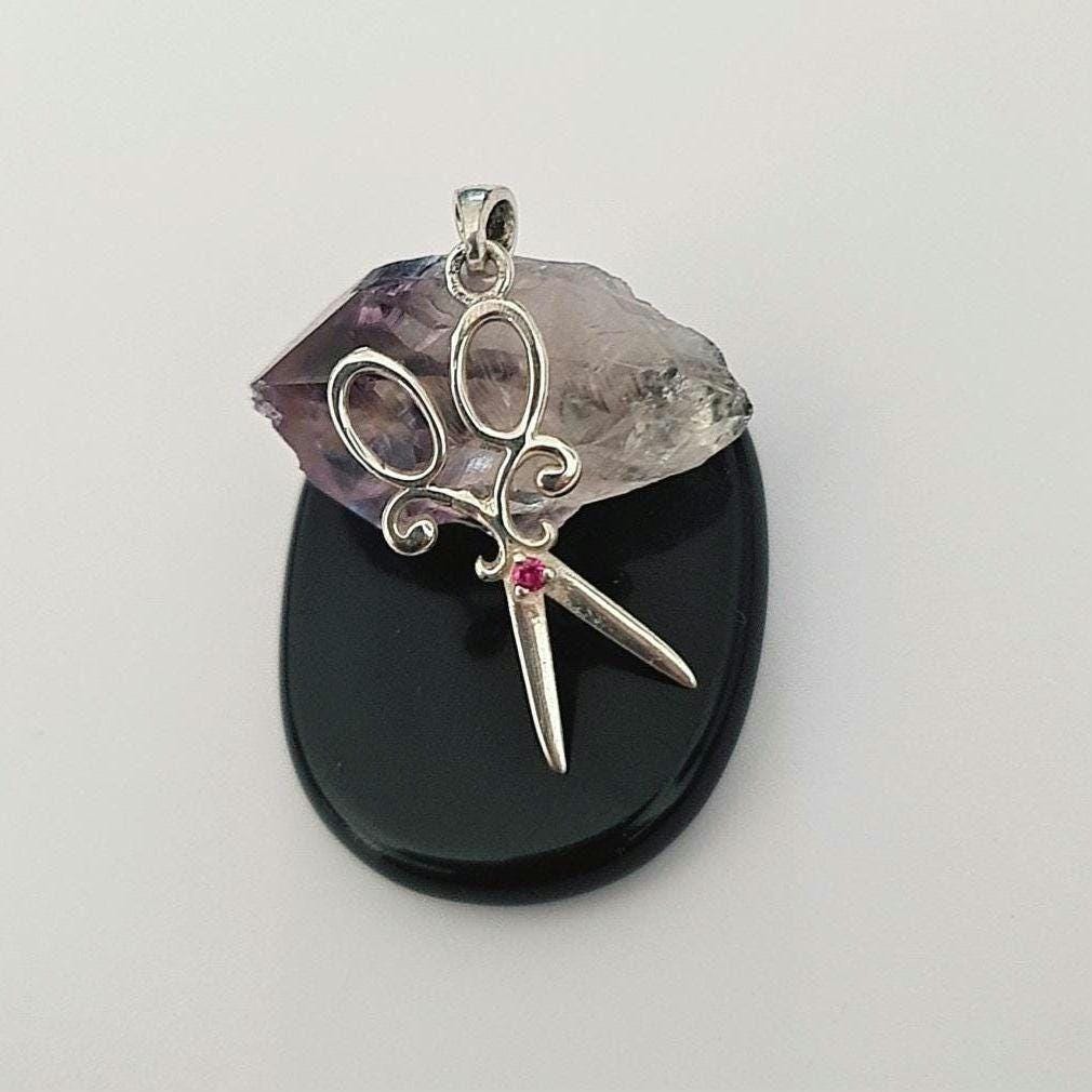 Vintage Sterling Silver Scissors Pendant with Gemstone Accent – Unique Jewelry Gift