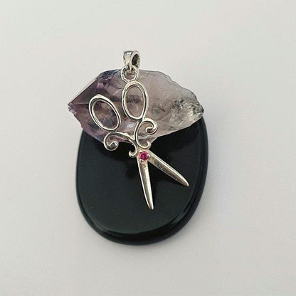 Vintage Sterling Silver Scissors Pendant with Gemstone Accent – Unique Jewelry Gift