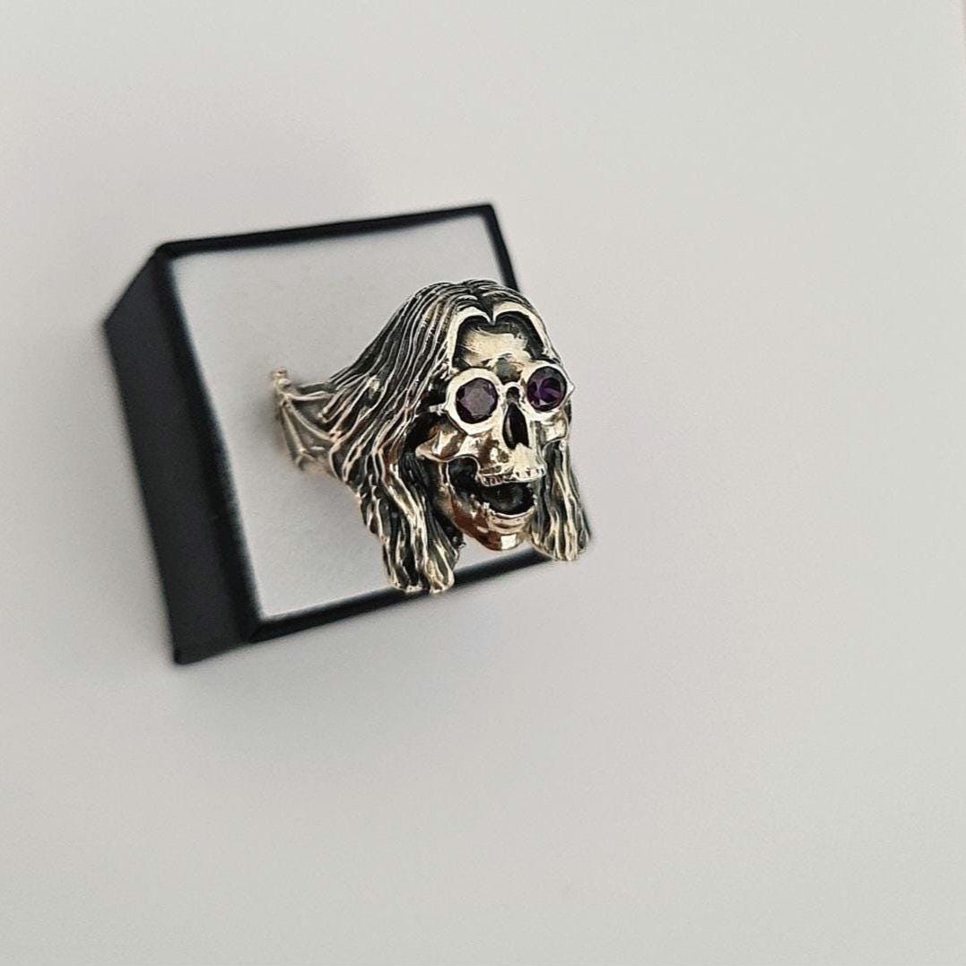 Sterling Silver "Prince of Darkness" Skull Ring Amethyst Sunglasses, Bat Wing Band -