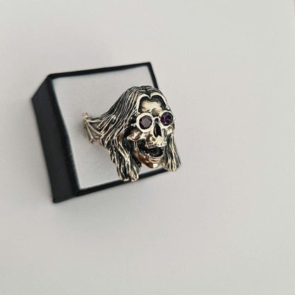 Sterling Silver "Prince of Darkness" Skull Ring Amethyst Sunglasses, Bat Wing Band -