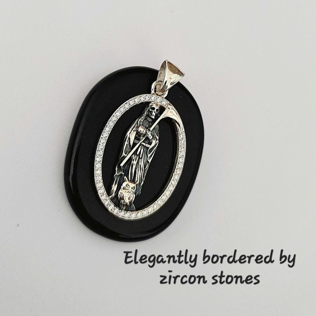 Silver Santa Muerte Pendant: Gothic Scythe Amulet Zircon framed