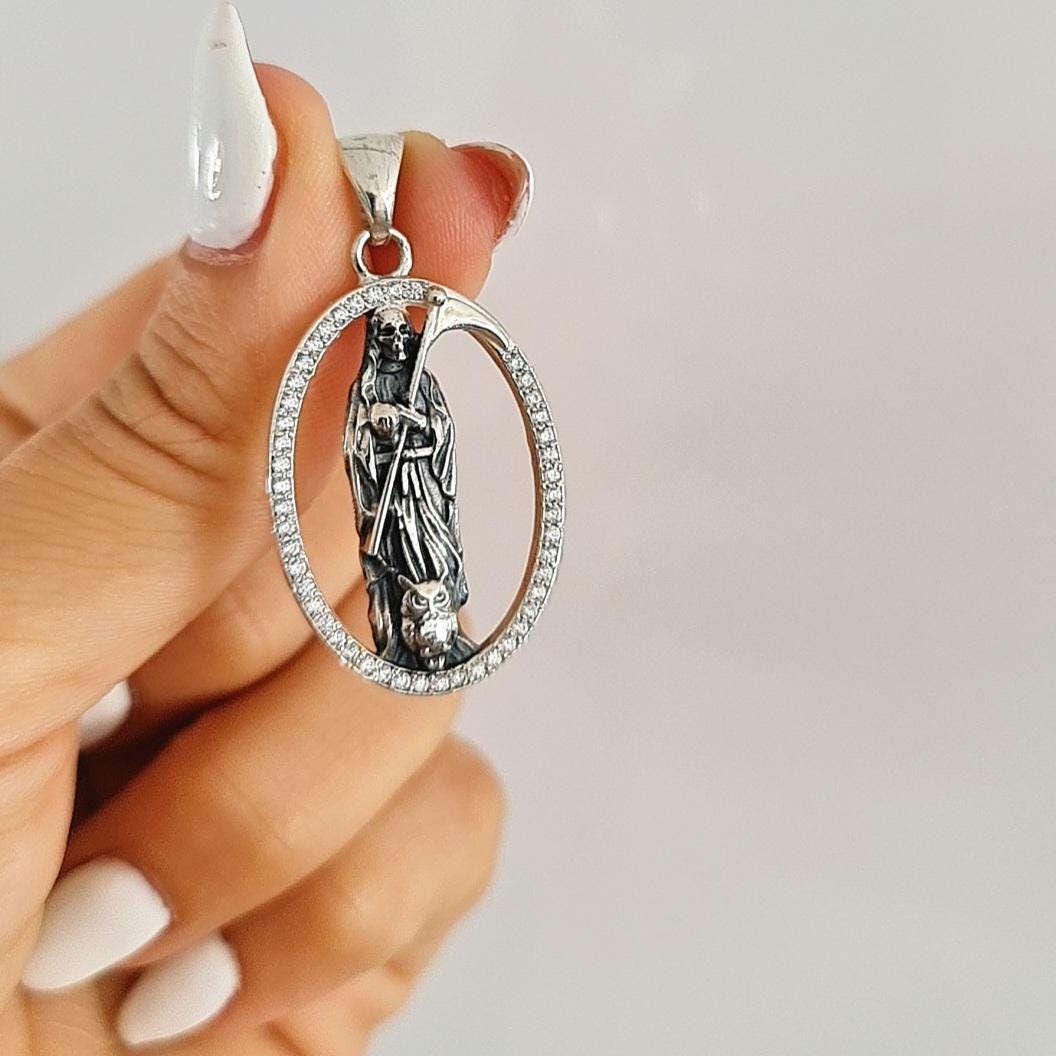 Silver Santa Muerte Pendant: Gothic Scythe Amulet Zircon framed