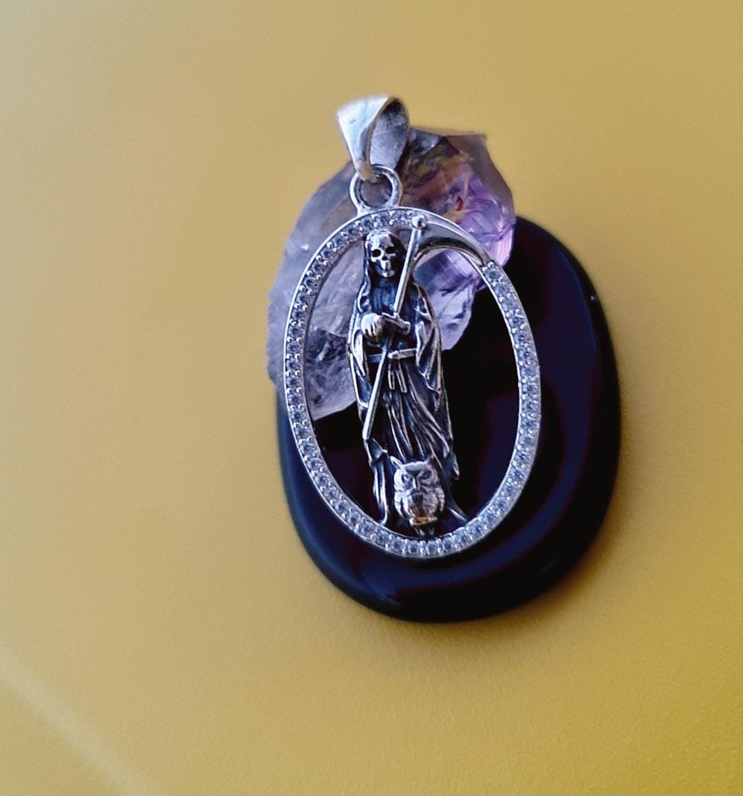 Silver Santa Muerte Pendant: Gothic Scythe Amulet Zircon framed