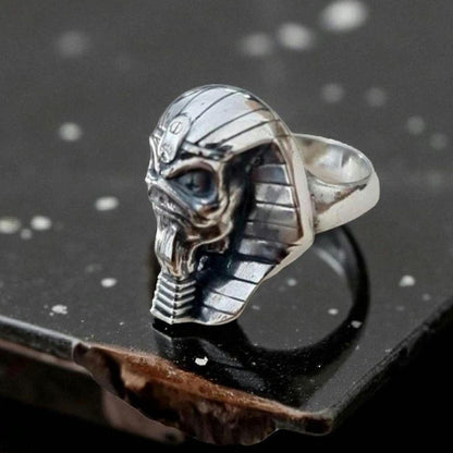Handmade Sterling Silver Pharaoh King Skull Ring: Gothic Biker Jewelry
