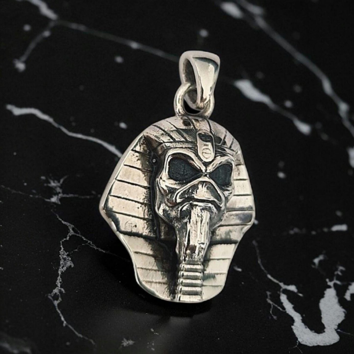 Eddie Pharaoh King Skull Pendant- Egyptian -Rock Heavy metal- Sterling Silver