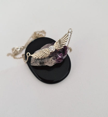 Sterling Silver Angel Wing Necklace: Crystal Guardian Angel Pendant