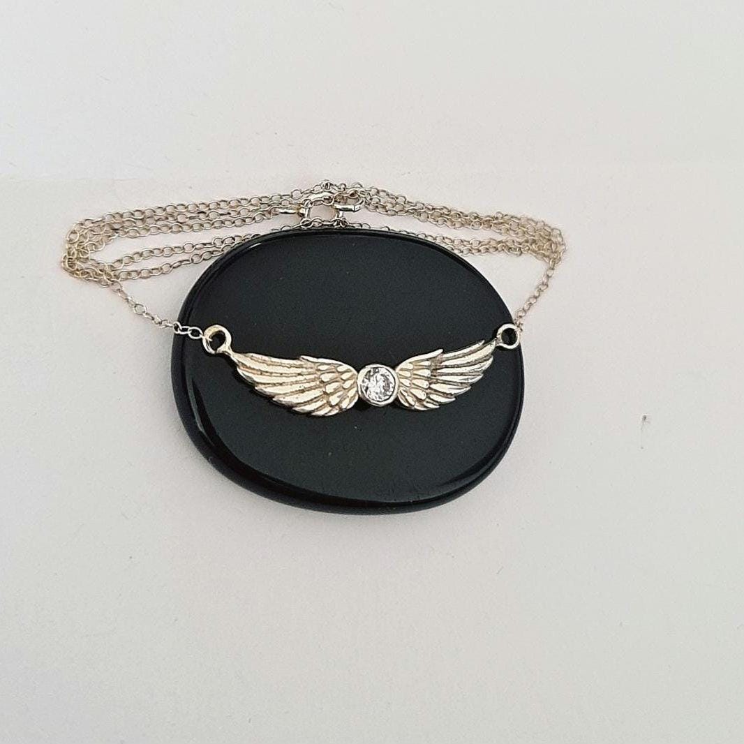 Sterling Silver Angel Wing Necklace: Crystal Guardian Angel Pendant