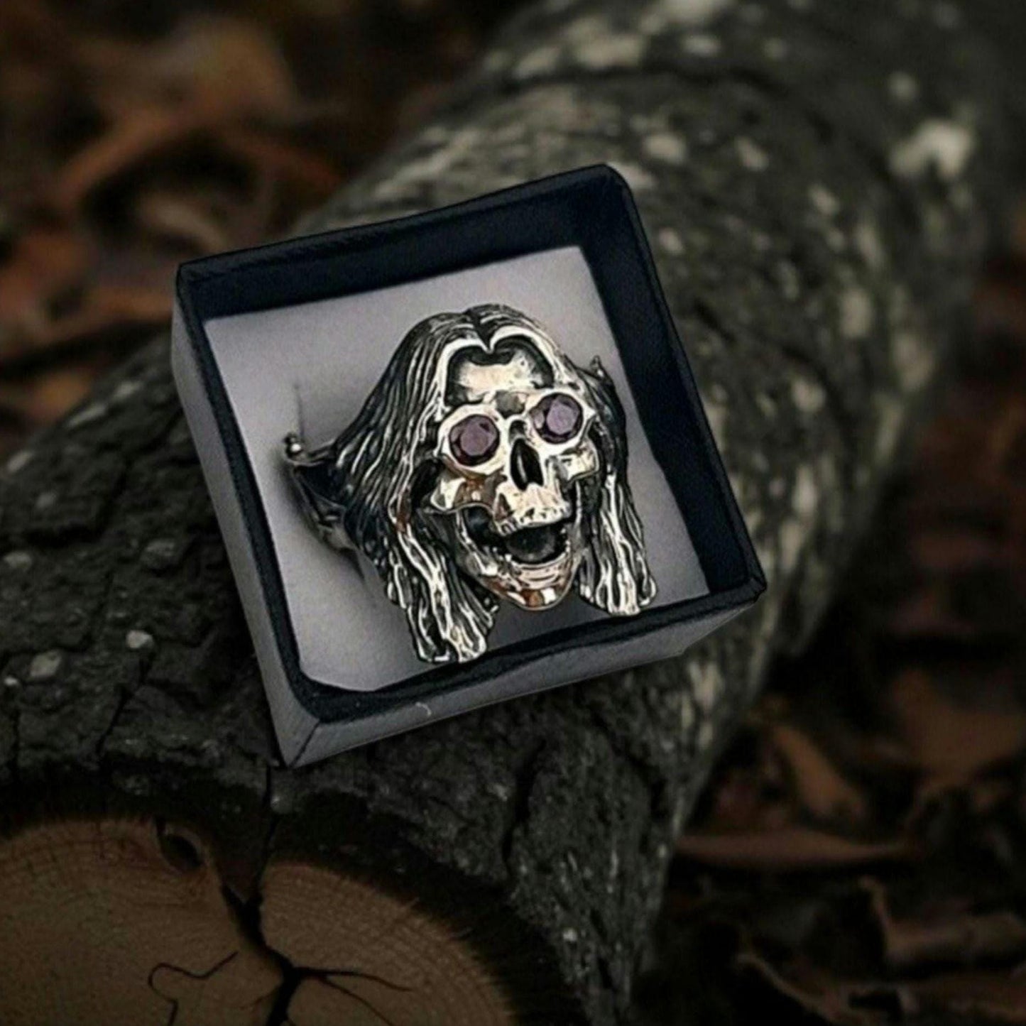 Sterling Silver "Prince of Darkness" Skull Ring Amethyst Sunglasses, Bat Wing Band -