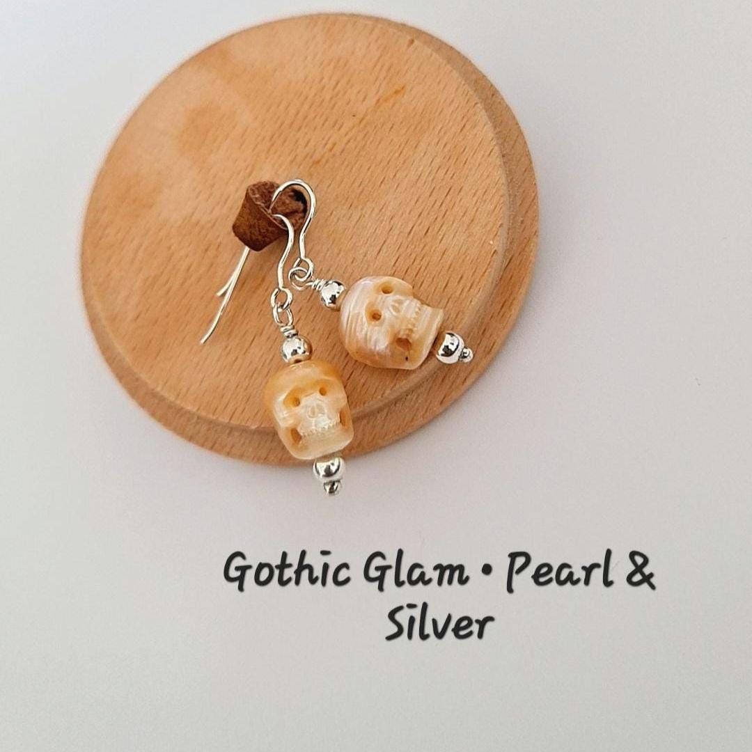 Carved Pearl Skull Earrings: Sterling Silver Gothic Boho Jewelry
