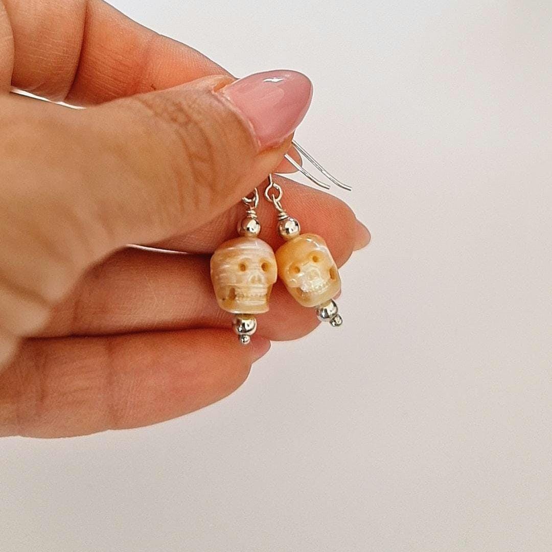 Carved Pearl Skull Earrings: Sterling Silver Gothic Boho Jewelry