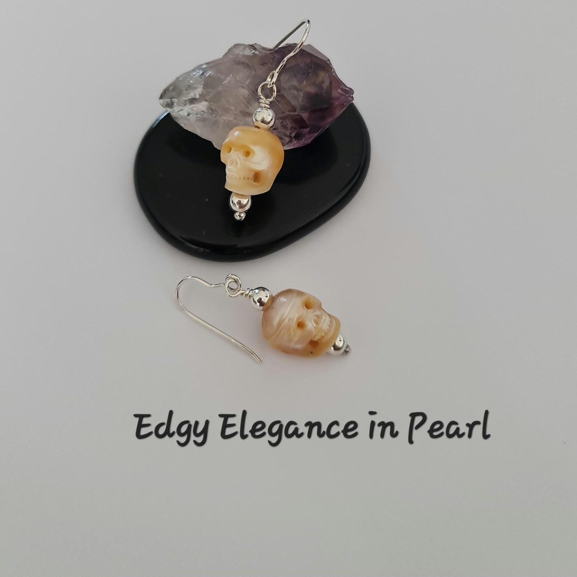 Carved Pearl Skull Earrings: Sterling Silver Gothic Boho Jewelry